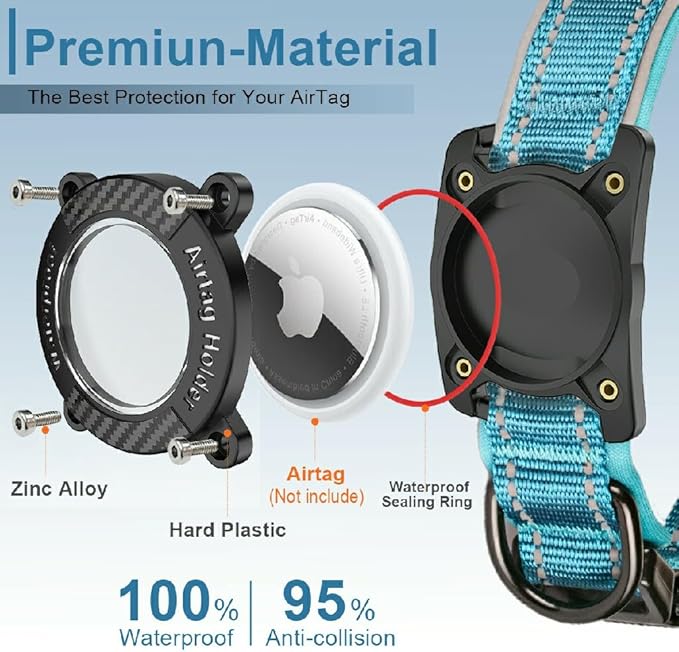 Upgraded AirTag Dog Collar, IP68 Waterproof Dog Collar with Apple Air Tag Holder, Reflective Adjustable Heavy Duty Dog Collars with Soft Padded for Small, Medium and Large Dogs,Blue, M-Mewly Pet