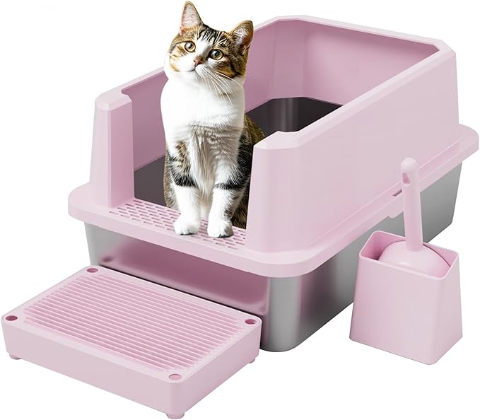 RIZZARI Stainless Steel Cat Litter Box, Semi-Closed Litter Box with High Edges, Large Odorless Litter Pan with for Small to Large Cats (Pink, 1 Pack)-Mewly Pet