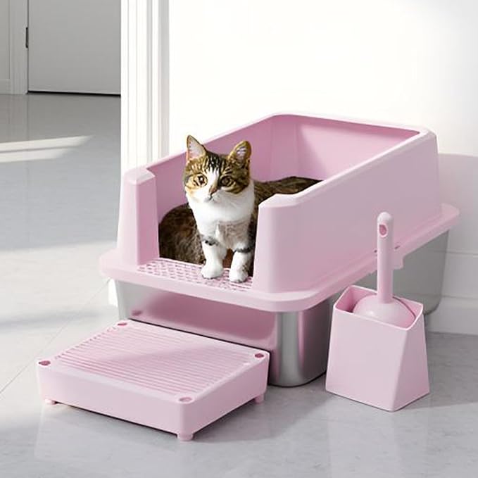 RIZZARI Stainless Steel Cat Litter Box, Semi-Closed Litter Box with High Edges, Large Odorless Litter Pan with for Small to Large Cats (Pink with Deodorizer, 2 Pack)-Mewly Pet