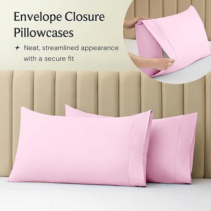 LuxClub 4 PC Sheet Set Bed Sheets Deep Pockets 16" Eco Friendly Wrinkle Free Cooling Machine Washable Hotel Bedding Silky Soft - Powder Pink Queen