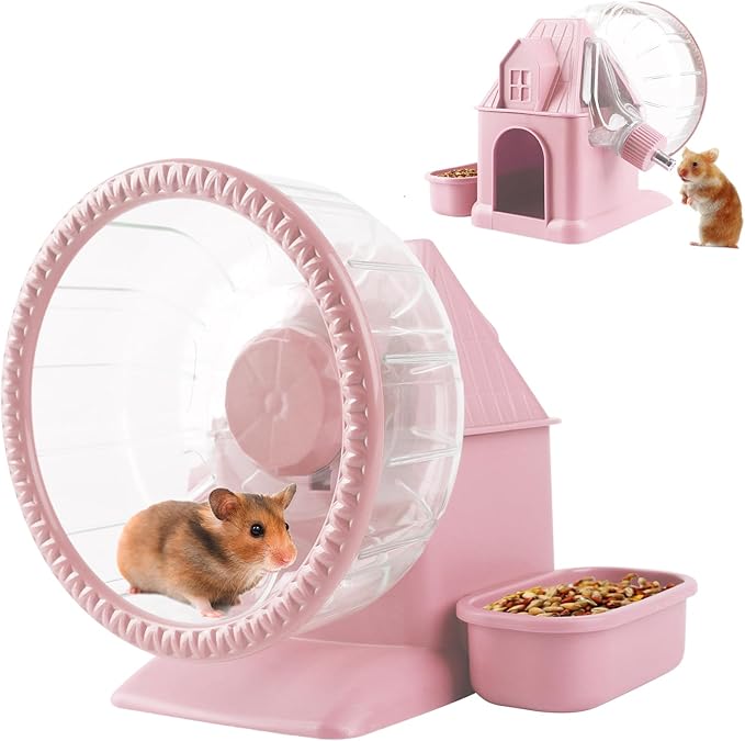 4 in 1 Silent Large Hamster Wheel Multifunctional Hamster Running Wheel Quite Running Spinner Wheel Accessories with Food Bowl Water Bottle for Hamsters Dwarf Gerbil (Pink)-Mewly Pet