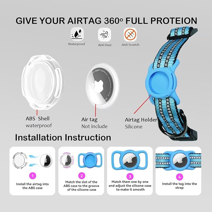 Reflective Dog Collar with Apple AirTag Holder & QR Code Pet ID Tag,Soft Nylon Adjustable Dog Tracker Collar with Safety Lock for Large Dogs(Blue, L（16"-26"）)-Mewly Pet