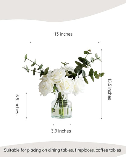 Artificial Flowers with White Roses in Vase, Fake Flowers Bouquet with Vase, Silk Flower Arrangements with Artificial Flowers for Home Dining Table Decor(No Fake Water).