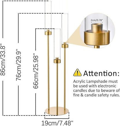 Vincidern 2pcs Gold Taper Candle Holder 3-arm Candelabra Decorative Candlestick Holder for Table Centerpieces, Wedding, Dining Room, Events, Party (34in Tall)