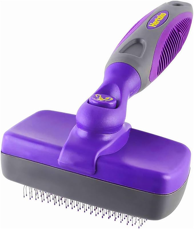 Hertzko Self-Cleaning Slicker Brush - Cat and Dog Brush for Shedding, Tangles and Dirt - Gentle Grooming Tool for Sensitive Skin - Pet Hair Remover for Long and Short Coats - Purple-Mewly Pet