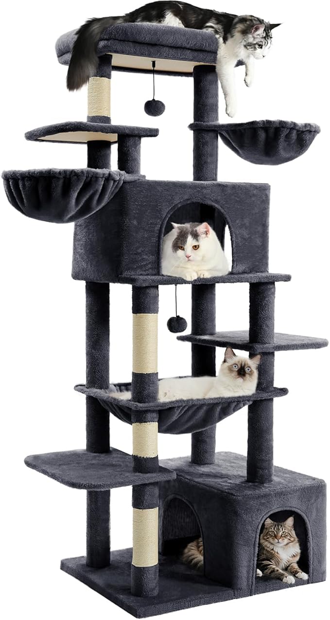 Cat Tree Large Cat Tower Tree 68" Multi-Level Cat Tower for Indoor Cats with Sisal Scratching Posts, Widen Cat Perche, Square Hammock, 2 Widen Condos, Scratching Posts, Grey-Mewly Pet