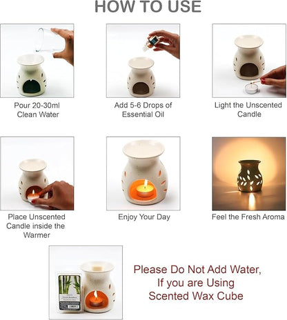 Hosley Elegant Ceramic Oil Warmers with Leaf Pattern and Speckle Design 4.5 Inches High Tealight Compatible for Aromatherapy and Home Decor Set of 6