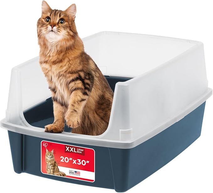 IRIS USA XX-Large Cat Litter Box, Open Top Extra Large Litter Box for Big Cats and Multi-Cat Households, High Sided Scatter Shield, Easy to Clean, 30" L x 20" W x 14" H, Navy-Mewly Pet
