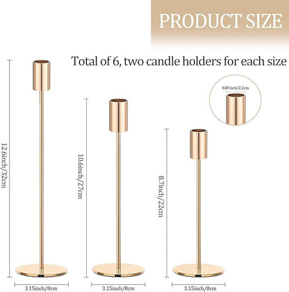 Set of 6 Gold Taper Candle Holders, Metal Gold Candlestick Holders, Tall Candle Holder, Fits 3/4 inch Thick Candle&Led Candles, for Table Centerpiece, Wedding, Dinning, Party Home Decor