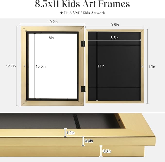 [3-Pack] Kids Art Frames, 8.5x11 Front Opening Kids Artwork Frames Changeable, Gold Artwork Display Storage Frame for Wall, Holds 50 Pcs, for 3D Picture, Crafts, Hanging Art, Portfolio