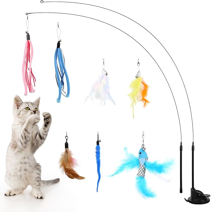 Pawaboo Cat Feather Toys, Interactive Cat Wand Toy with 2-Slot Super Suction Cup, Detachable 2 PCS Spring Cat Wand & 7 PCS Cat Teaser Replacement with Bells, Funny Kitty Toys for Indoor Kittens Play-Mewly Pet