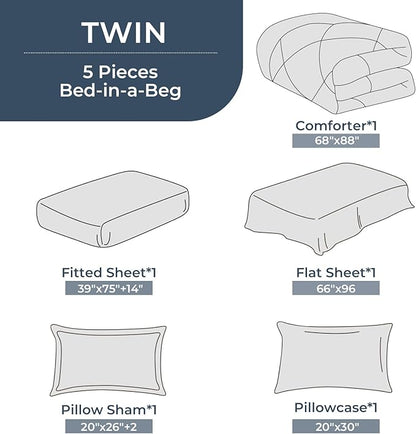 HEVUMYI Twin Comforter Set - 5-Piece All Season Bed in a Bag Twin, Ultra Soft Bedding Set with Comforter, Flat Sheet, Fitted Sheet, Pillowcases, Pillow Shams, Greyish Blue