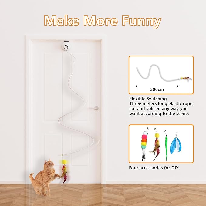Cat Toys Interactive for Indoor, Cats Toy Hanging Door Electric for Bored, Feather Toy Kitten Rechargeable Door Hanging Automatic String with 4pcs Feather Toys, White-Mewly Pet
