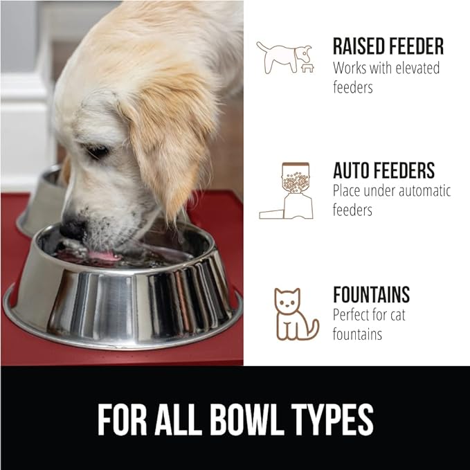 GORILLA GRIP 100% Waterproof Raised Edge BPA Free Silicone Pet Feeding Mat, Dog Cat Food Mats Contain Spills Protects Floors, Placemats for Cats and Dogs Water Bowl, Pets Accessories 23x15 Red-Mewly Pet