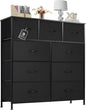 Sweetcrispy Dresser for Bedroom with 9 Storage Drawers, Tall Large Fabric Storage Tower Organizer, Chest of Drawers with Metal Frame Wooden Top for Nursery, Closet, Living Room, Entryway, Black