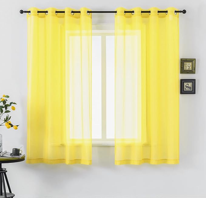 DUALIFE Bright Yellow Sheer Curtains 45 Inch Length for Kitchen 2 Panels Grommet Semi Sheer Short Curtains for Bathroom Small Windows Basement Vibrant Lemon Yellow Wide 52 by L45 Inches Long