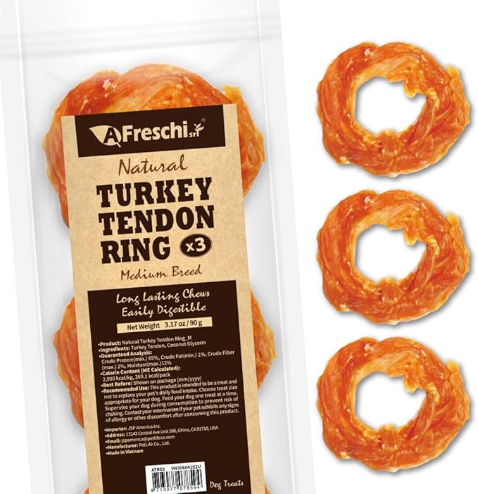 Afreschi Turkey Tendon Ring (M) 3.17 oz, USA-Sourced Turkey Tendon, All Natural Human Grade Dog Chew, Hypoallergenic, Rawhide Alternative, Dog Treats for Medium Breeds-Mewly Pet