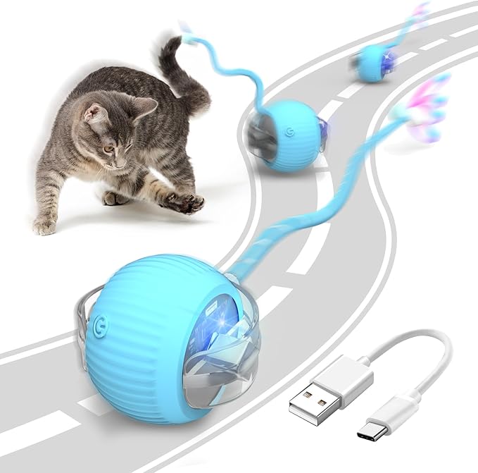 Interactive Cat Toy Ball for Indoor Cats with Mesh Tail & Foils, Automatic Rolling Three Modes Agile Moving Cat Ball to Keep Them Busy Rechargeable, Blue-Mewly Pet