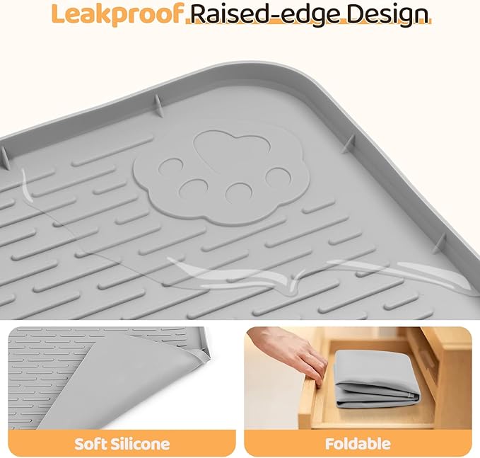 Dog Food Mat, Extra Large 50" x 35" Silicone Pet Feeding Mat with Raised Edge Pet Placemat for Small, Medium, and Large Pets Non-Slip, Easy to Clean (Grey)-Mewly Pet