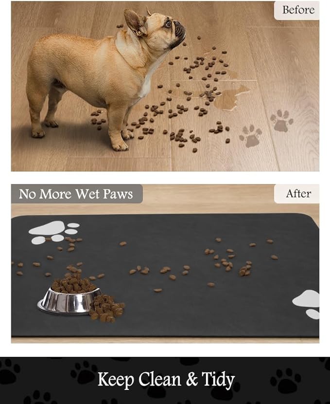 Pet Feeding Mat-Absorbent Dog Mat for Food and Water Bowl-No Stains Quick Dry Water Dispenser Mat-Dog Accessories Pet Supplies-Bowl for Messy Drinkers（Black,12"x19"-Mewly Pet
