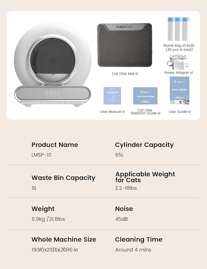 Self Cleaning Cat Litter Box, Ultra-Safe Protection Automatic Cat Litter Box, APP Control/Lower Entry/Large Capacity with 3 Rolls Liners & Mat LELOPETS-Mewly Pet