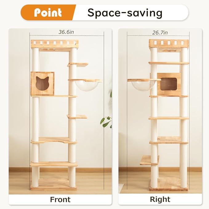 74.8" Wooden Cat Tree Tower for Large Cats, Multi-Level Cat Climbing Furniture with Scratching Posts, Cat Condo & Hammock, Natural Wood Cat Activity Center (White)-Mewly Pet