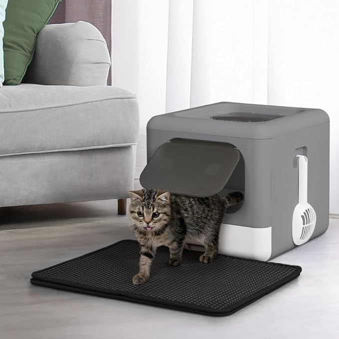 Foldable Cat Litter Box w/Lid, Scoop & Mat, Drawer Design Cat Toilet for Kitten, Two-Way Entry Kitty Litter Box, Odor Control & Easy to Clean, Dark Grey-Mewly Pet