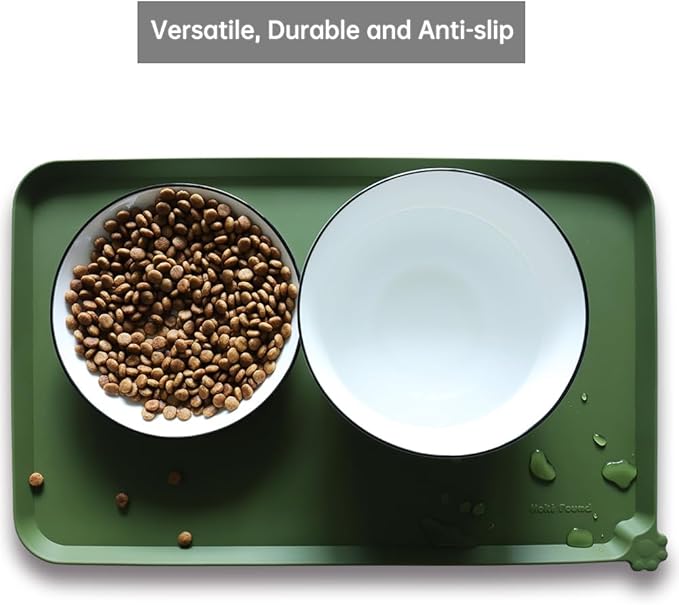 Hoki Found Silicone Pet Food Mat - High-Lips Dog Cat Bowl Placemat - Waterproof, Dark Olive-Mewly Pet
