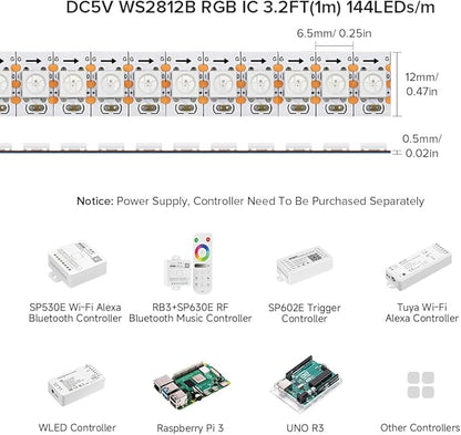 BTF-LIGHTING WS2812B IC RGB 5050SMD Pure Gold Individual Addressable LED Strip 3.28FT 144LED 144Pixel/m Flexible Full Color IP67 DC5V for DIY Chasing Color Project(No Adapter or Controller)