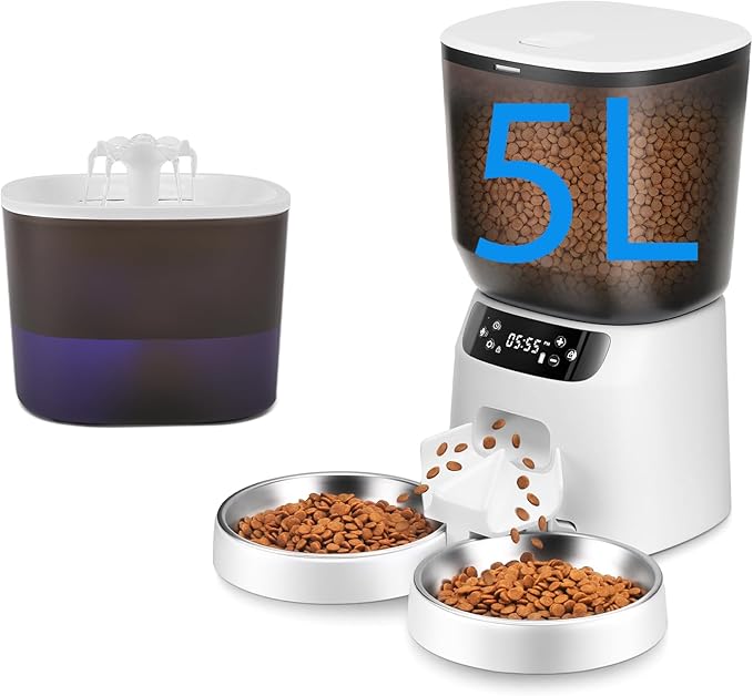 Automatic Cat Feeder and Water Fountain, 5L/20 Cups Timed Cat Dry Food Dispenser, 10s Meal Call, 20 Portions 6 Meals Per Day, 2L Cats Fountains for Drinking with Filter, Pet Feeder for Dog-Mewly Pet