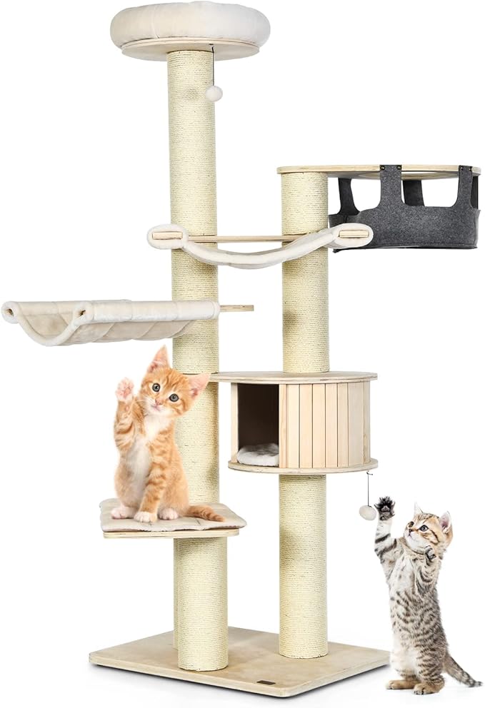 Tangkula Large Cat Tree, Multi-Level Tall Cat Tower with Sisal Scratching Posts, Hammocks, Hanging Basket, Cat Condo and Removable Washable Cushions, Modern Wood Cat Tree for Indoor Cats Large Adult-Mewly Pet