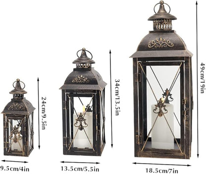 TRIROCKS Set of 3 Decorative Hanging Lantern 19'' High Vintage Metal Candle Holder with Tempered Glass Perfect for Living Room Garden Yard Patio Parties Events Indoors Outdoors (Black)