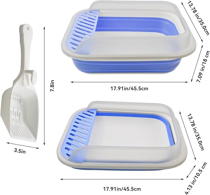 High Sided Cat Litter Box, Anti-Splashing Low Entry Cats Litter Pan with Scoop Collapsible Foldable Shallow Kitten Potty Toilet Waterproof Cat Travel Litterbox Semi-Enclosed Easy Clean(Blue)-Mewly Pet