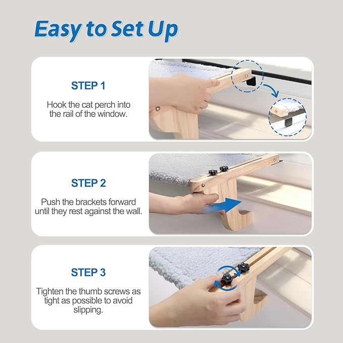 Easy Seat Cat Perch for Window Sill - Hammock Design w/Premium Wood & Robust Metal Frame - Cat Window Seat for Large Cats and Kittens (Dark Stained Wood w/Gray Bed, Medium (23''W x 14''D))-Mewly Pet