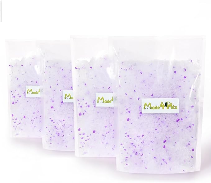 Made4Pets Cat Litter Crystals Kitty Litter Odor Control Crystal Litter Non Clumping No scooping Low Dust, Low Tracking, Lightweight, Dehydrates Waste,Lavender– 13.2 lbs (4 x 3.3 lb Packs)-Mewly Pet