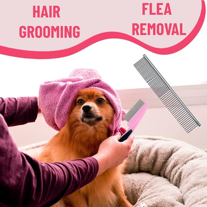 Dog Grooming Kit - Deshedding Brush for Short Hair, Slicker Brush, Flea Comb, Puppy Brush Set in Pink-Mewly Pet