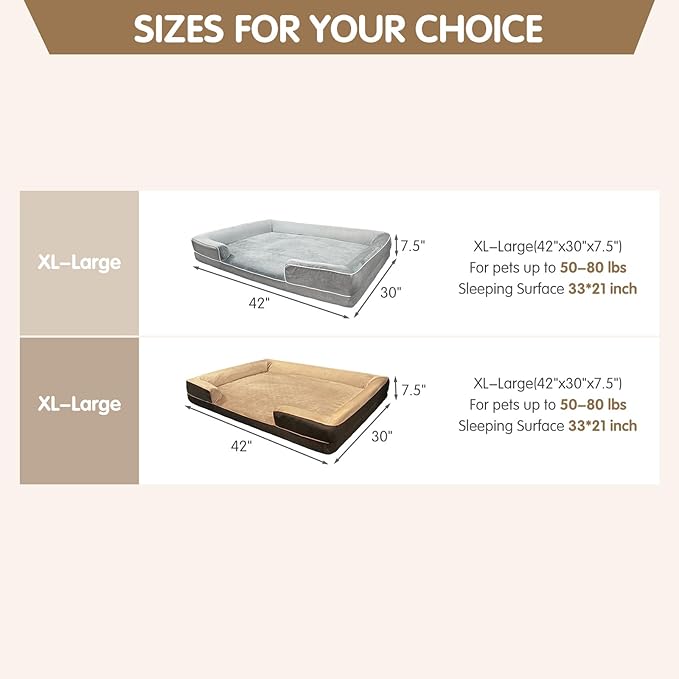 Dog Beds for Large Sized Dogs,Washable Orthopedic Memory Foam Dog Couch Sofa Bed with Bolster,Removable Cover,42x30Inch,Brown-Mewly Pet