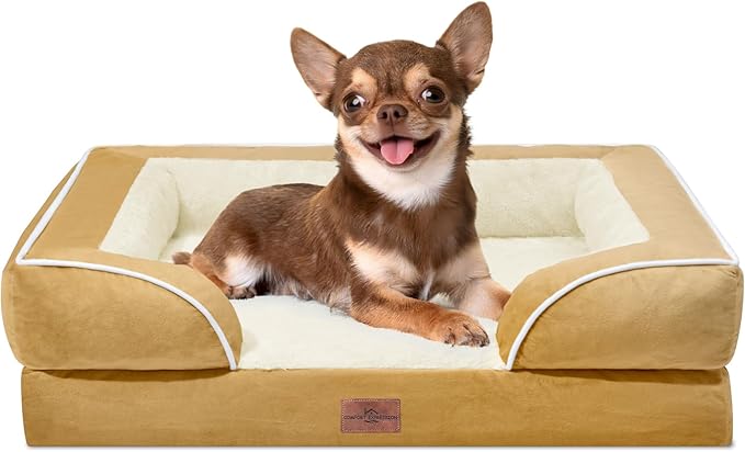 Comfort Expression Small Dog Beds Waterproof Orthopedic Foam Dog Sofa Beds for Small Dogs Comfy Pet Bed with Washable Removable Cover & Non-Slip Bottom(X-Small,Khaki)-Mewly Pet