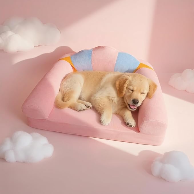 Cute Cat Couch with Soft Pillow, Supportive Dog Couch, Cat Sofa with Removable Cover，Cute Rainbow Shaped, 24 Inch-Mewly Pet