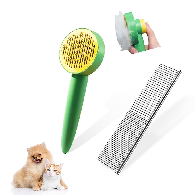 Dog & Cat Brush,Pet Grooming Kit 2PCS- Cat Brush for Shedding| Pet Metal Comb. Self-Cleaning Slicker Brush for Short and Long Hair. Removes Undercoat, Loose Hair, Tangled, Dirt and Massages.-Mewly Pet