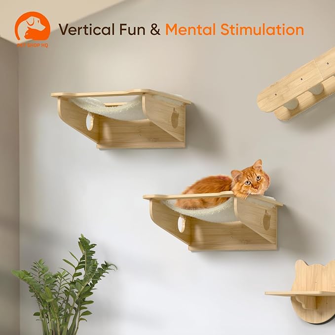 Cat Wall Furniture Set - Bamboo Shelves, Ladders, Cat House, Hammock & More - Space-Saving, Easy Installation, Up to 60lbs-Mewly Pet