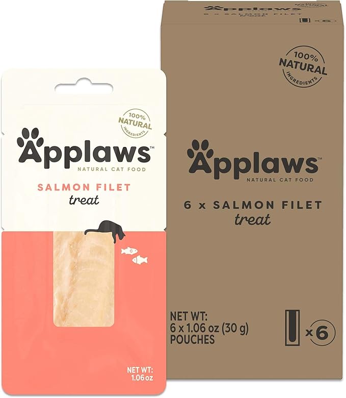 Applaws Natural Cat Treats, Grain-Free, High-Protein Whole Salmon Loins, Single-Ingredient Healthy Snack for Cats (6 x 1.06oz Loins)-Mewly Pet
