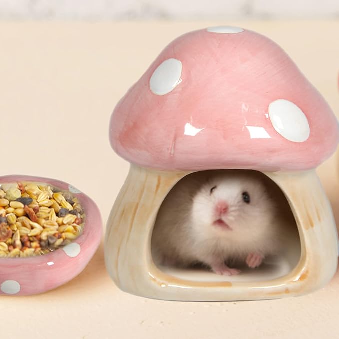 Ceramic Mushroom Guinea Pig House Hamster Hide Bed Includes Hamsters Food Bowl Guinea Pig Hideout for Hamster Chinchilla Hedgehog Rat Small Animals(Pink Mushroom Set)-Mewly Pet