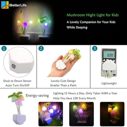 iBetterLife LED Night Light Smart Sensor 0.6W Color Changing Plug-in Night Lights for Kids Adults Cute Mushroom Night Light Bedroom Home Decor Light Wall Lamps NightLight