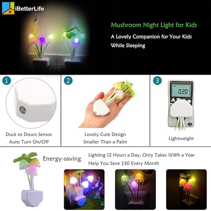 iBetterLife Sensor Mushroom Night Light - 2 Pack Color Changing Plug in Wall LED Mushroom Nightlight with Dusk to Dawn Sensor Auto On/Off Cottage Core Decor Lamp, Super Power Saving