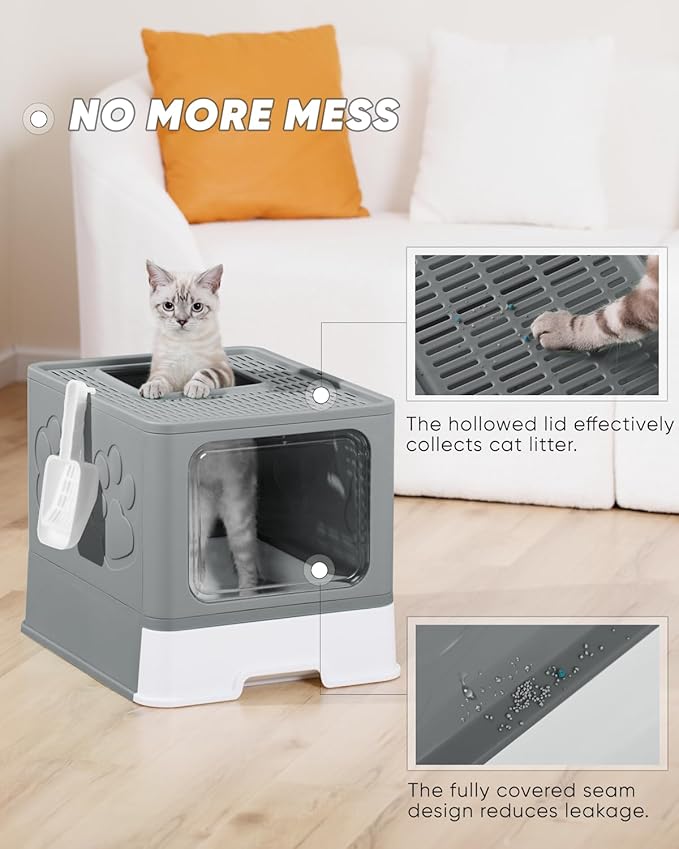 Enclosed Cat Litter Box, Large Litter Box for Big Cats, Covered Kitty Litter Boxes with Lid, Top Entry Cat Box Enclosure with Scoop, Odor Control, Easy to Clean(Grey)-Mewly Pet
