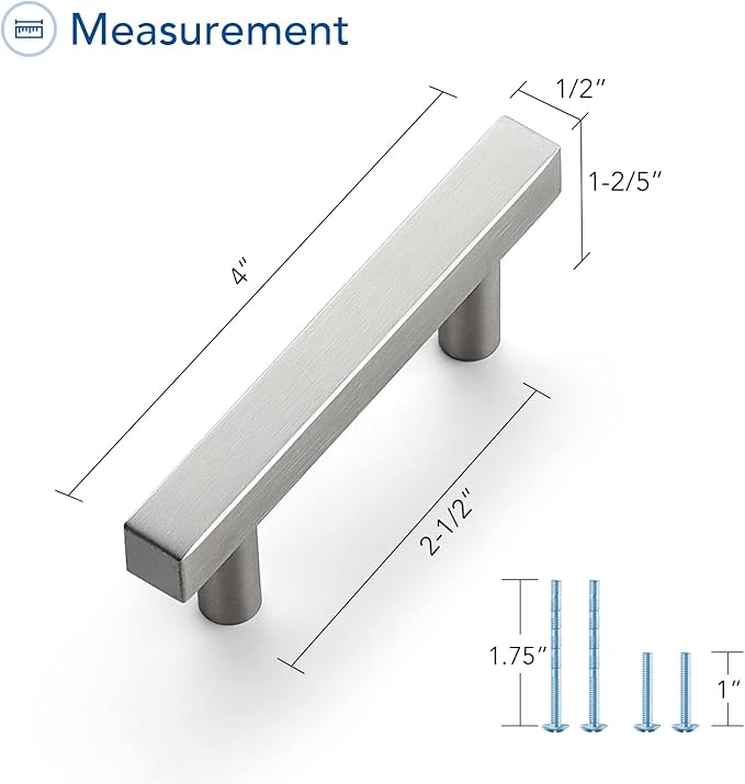 Ravinte Brushed Nickel Cabinet Handles 15 Pack 2-1/2 inch Satin Nickel Square Cabinet Pulls Silver Hardware for Kitchen 4 inch Overall Length Stainless Steel Drawer Pulls