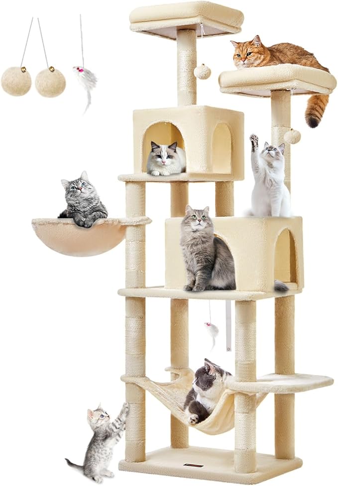 Taoqimiao Cat Tree, 66.2-Inch Cat Tower for Indoor Cats, Plush Multi-Level Cat Condo with 7 Scratching Posts, 2 Perches, 2 Caves, Hammock, 2 Pompoms, Beige MS013M-Mewly Pet