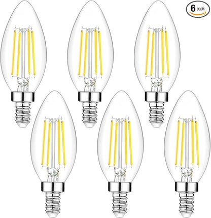 6-Pack Dimmable E12 LED Candelabra Bulbs 40Watt Equivalent, 5000K Daylight White, 450Lumens, 4W B11 Vintage Chandelier Light Bulbs, LED Filament Clear Glass Candle Lamp for Ceiling Fan Home Decor