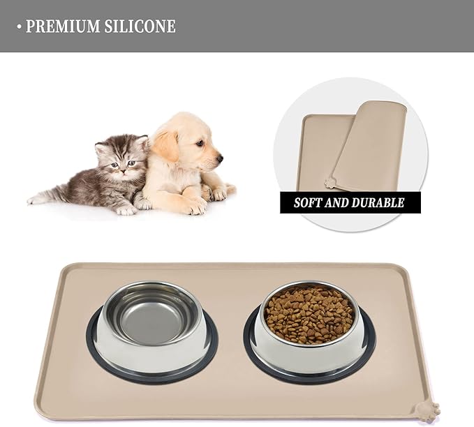 Waterproof Pet Feeding Mat with High Raised Edges, Heavier and Thicker Placemats for Cat Dog Water Bowl with BPA Free, Dogs Cats Food Mats for Messy Drinkers to Prevent Spill and Protect Floors-Mewly Pet